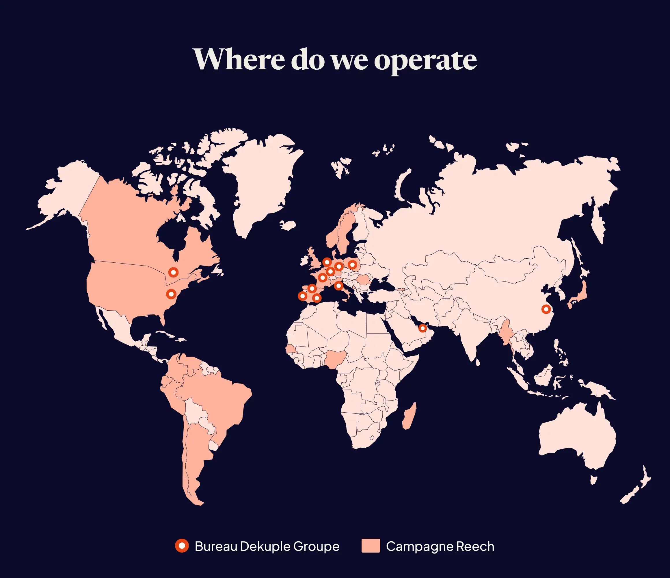 carte du monde avec des points réprésentant l'emplacement des bureaux Reech ainsi que les pays dans lesquels des campagnes ont eu lieu